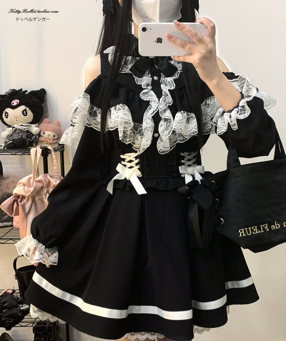 Jirai Kei Blouse Double Ruffle Open Shoulder Shirt 31856:372598