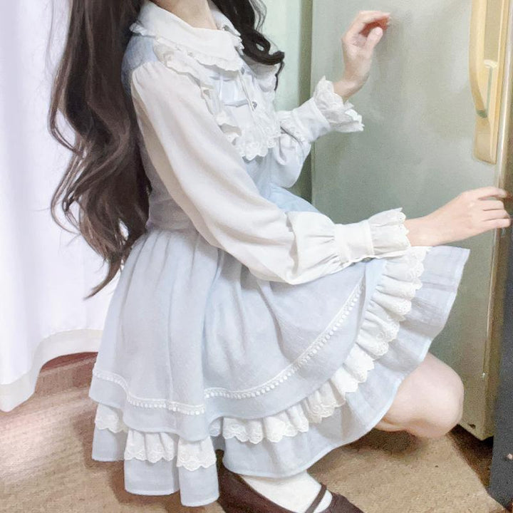 Elegant Dress Blue White Long-sleeved Dress Daily Wear 42241:733439