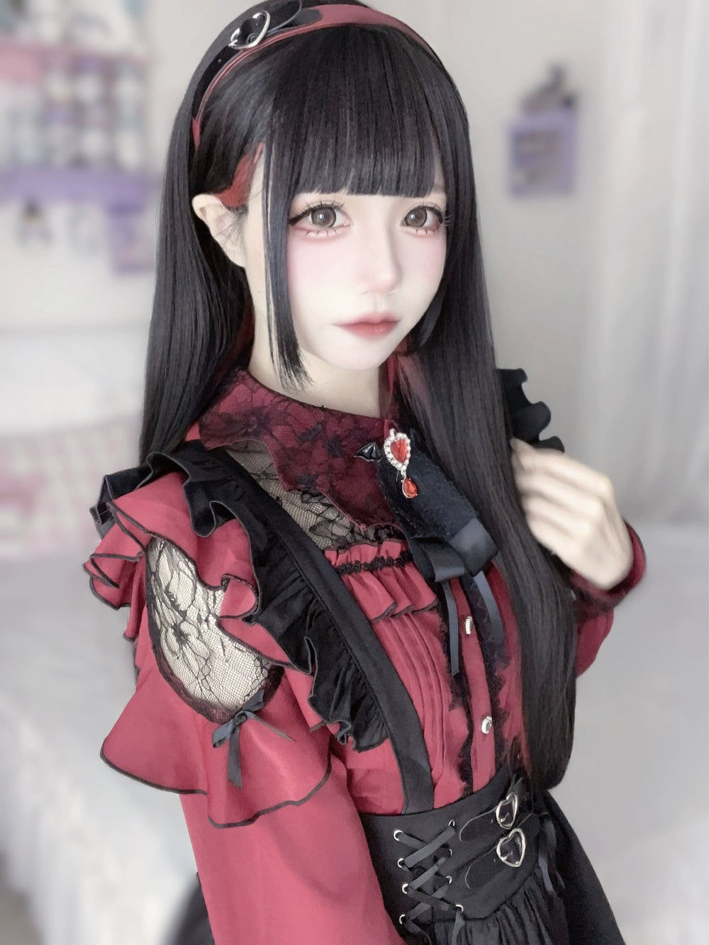 Jirai Kei Blouse Lace Bat Collar Burgundy And Black Shirt 39630:633374