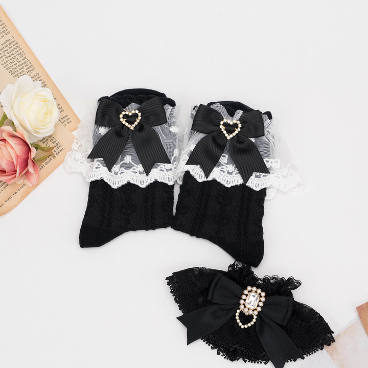 Jirai Kei Socks With Lace Trim And Heart-shaped Rhinestone (Black) 21576:311508