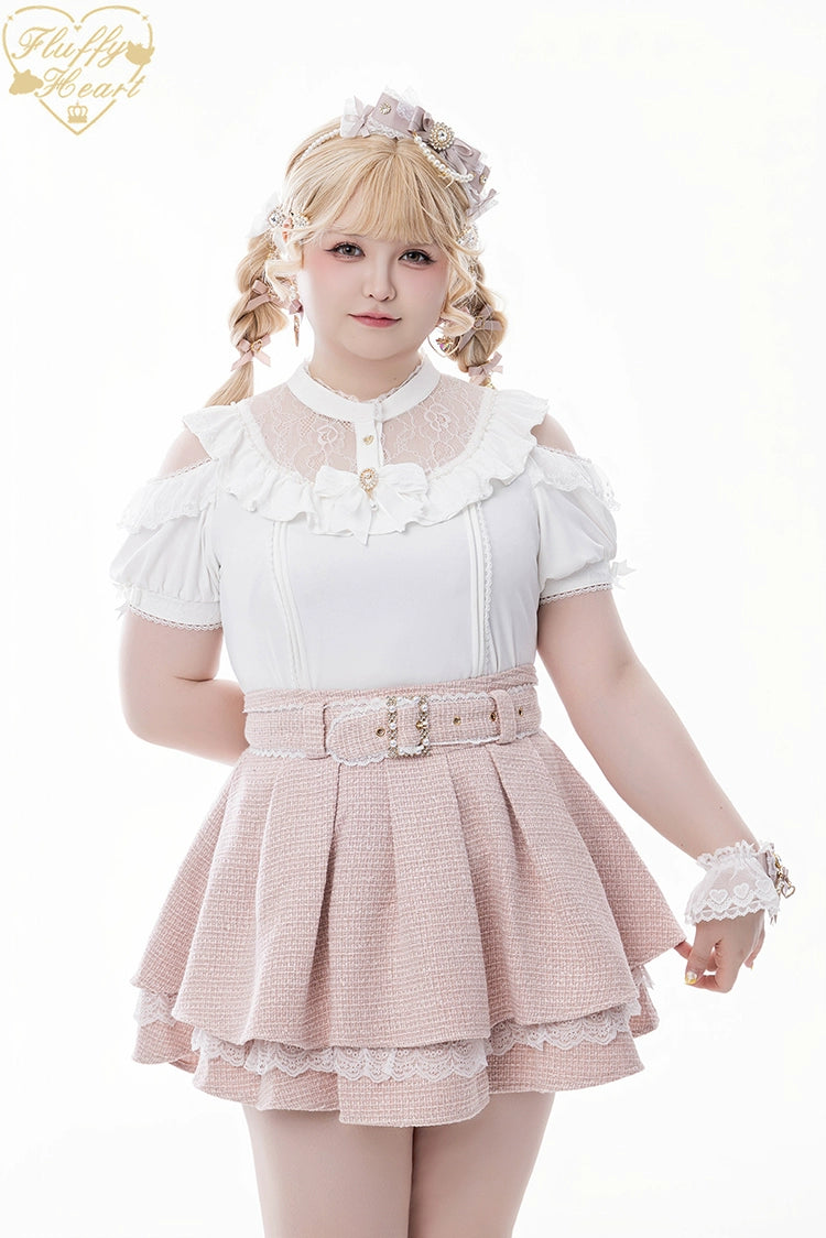 Lace Open Shoulder Jirai Kei Blouse, Detachable Pearl Bow 43447:776902