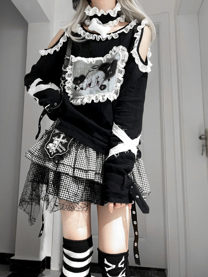 Punk Open Shoulder Blouse with Lace and Cute Print (F M S) 42616:746785