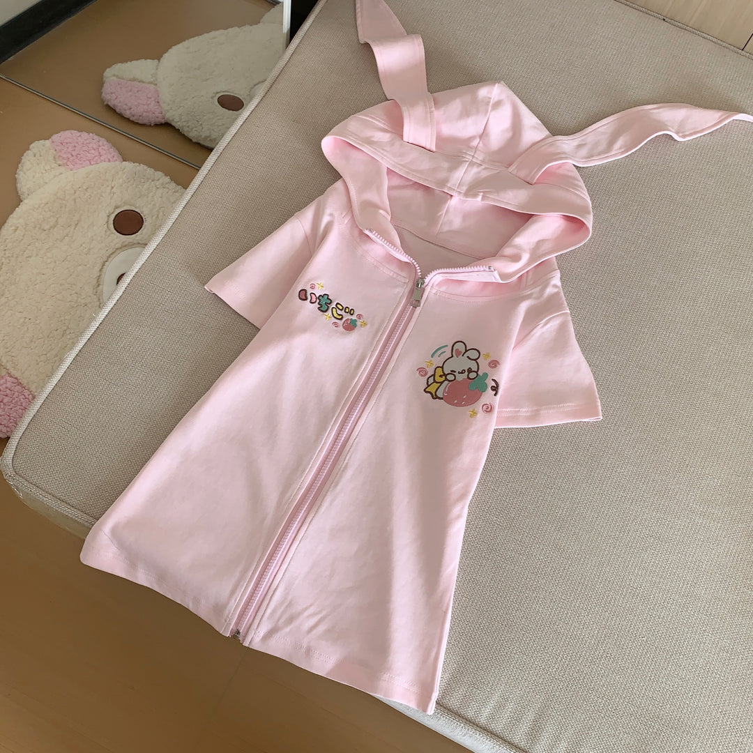 Kawaii Pink Short-sleeved Hoodie Jacket With Long Bunny Ears (L M S) 42730:751093