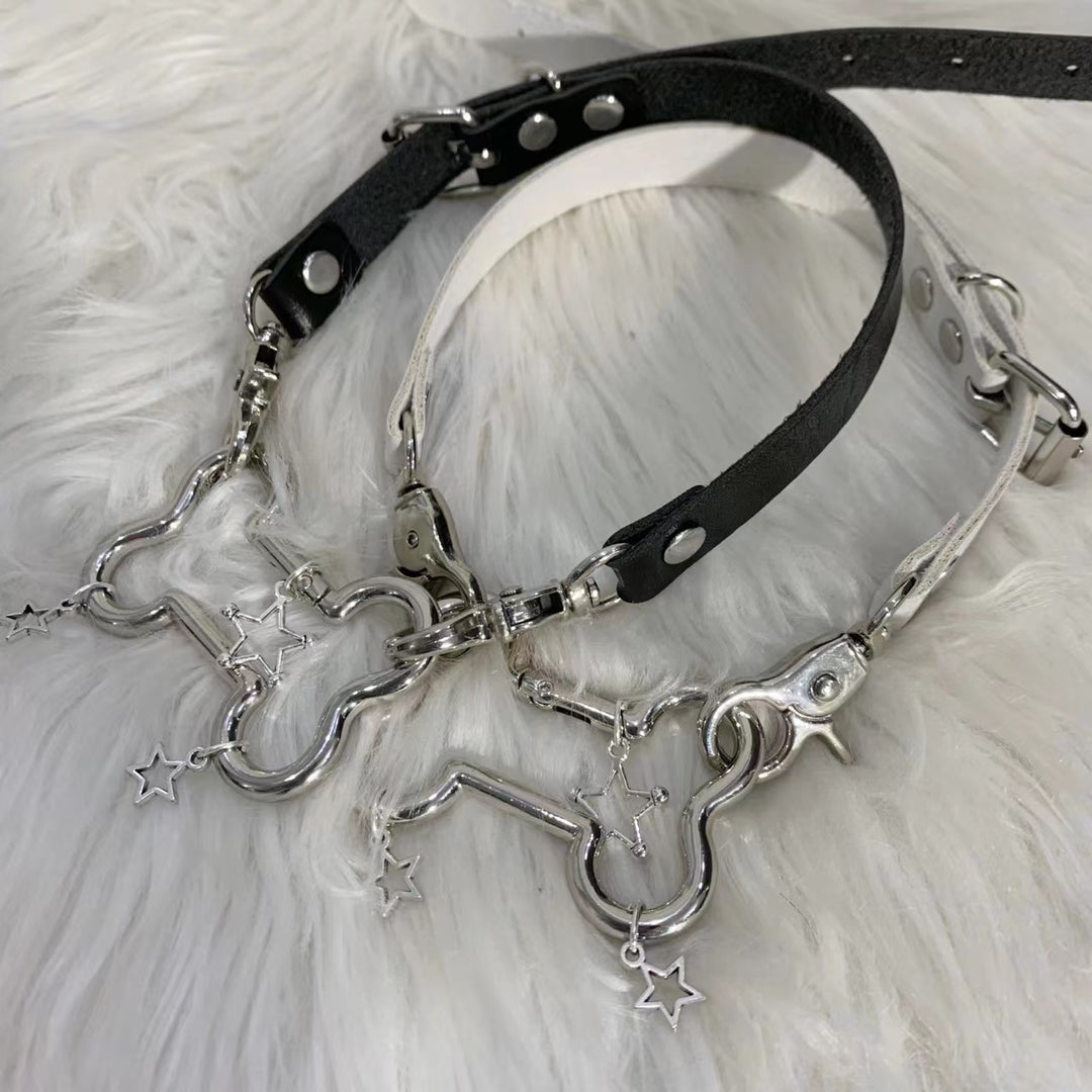 Jirai Kei Necklace Metallic Bone Star Pendant PU Punk Choker 42684:749352