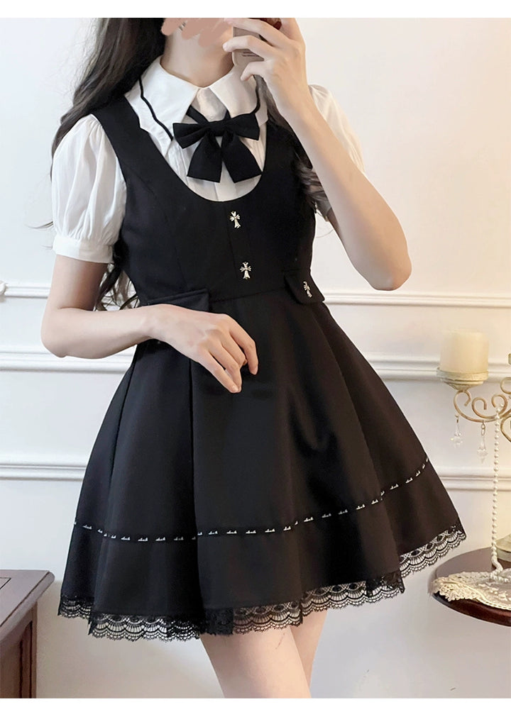 Jirai Kei Dress Black Lace Trim Overall Dress Puff Sleeves Blouse (XL) 38160:580926