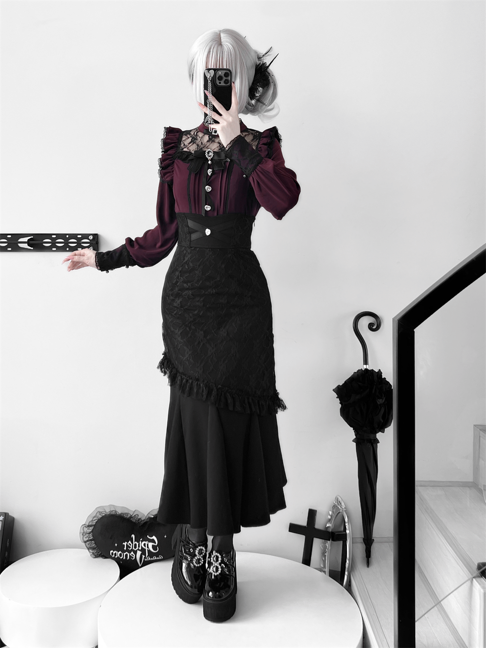 Elegant Long Jirai Kei Mermaid Skirt And Lace Tulle Blouse (2XL L M S XL) 42647:747870