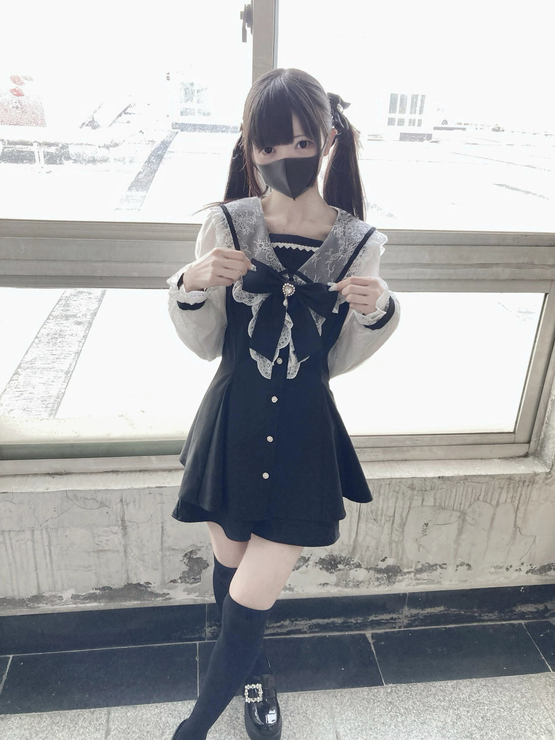 Jirai Kei Set Up Lace Sleeve Sailor Collar Dress Shorts 37650:567946