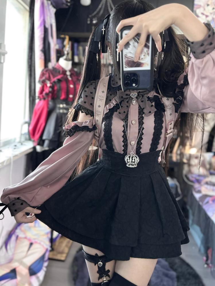 Jirai Kei Blouse, Lace Open Shoulder, Dolka Dots (L M S XL) 34044:486460