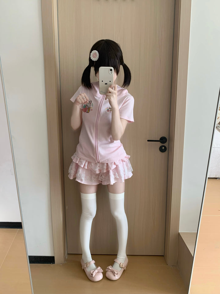 Kawaii Pink Short-sleeved Hoodie Jacket With Long Bunny Ears 42730:751101