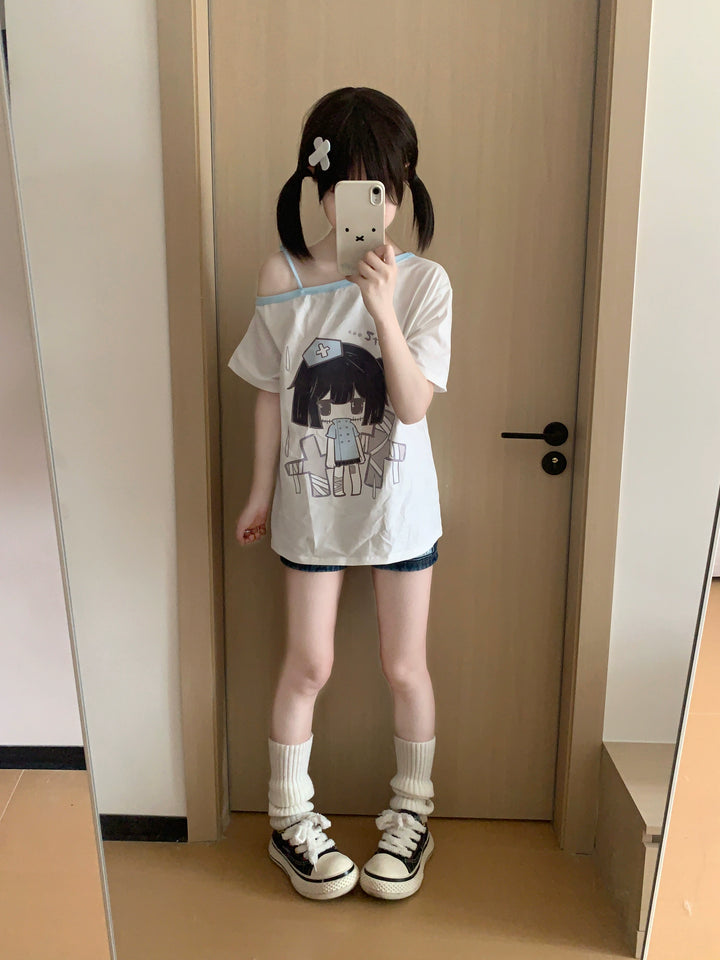 Yami Kawaii Otaku Off-Shoulder T-Shirt with Adjustable Strap 42903:757276