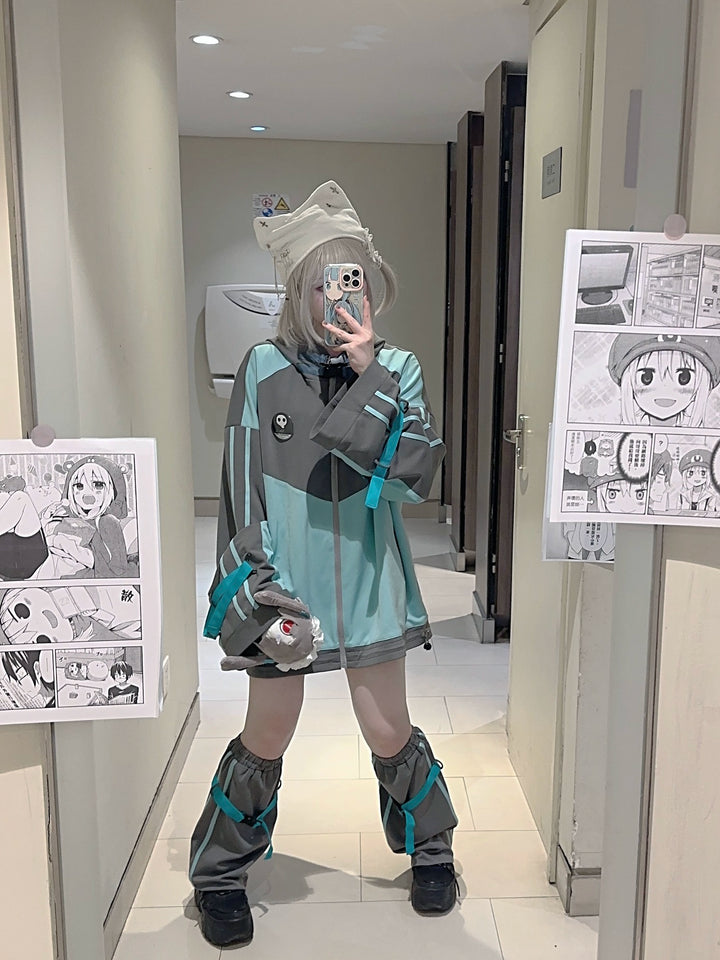 Plus Size Jirai Kei Jacket Grey Green Sports Hoodie 33332:460306