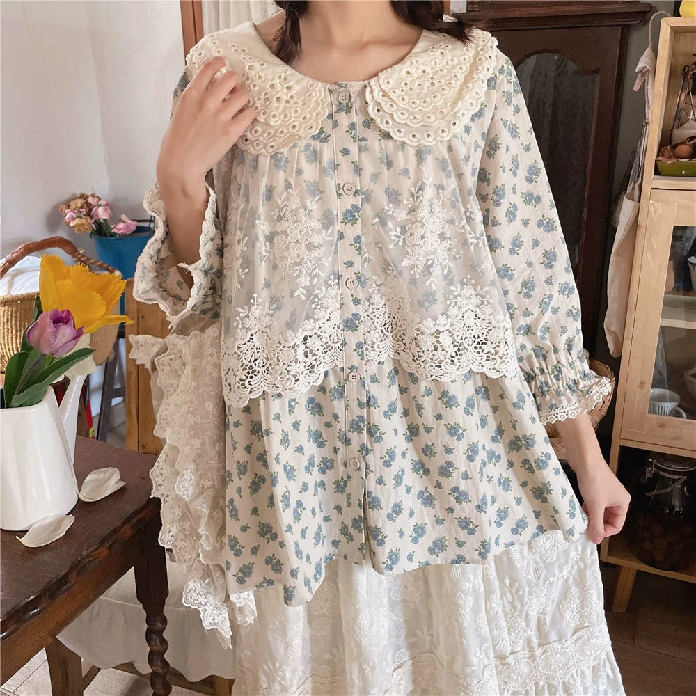Mori Kei Blouse Floral Cotton Linen Shirt With Lace (F) 36222:524840 (F) 36222:524840