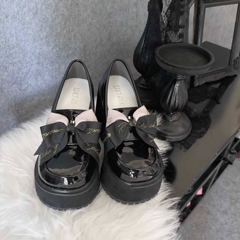 Black Jirai Kei Shoes Lolita Bowknot Platform Shoes Shiny Black (thick version) / 37
