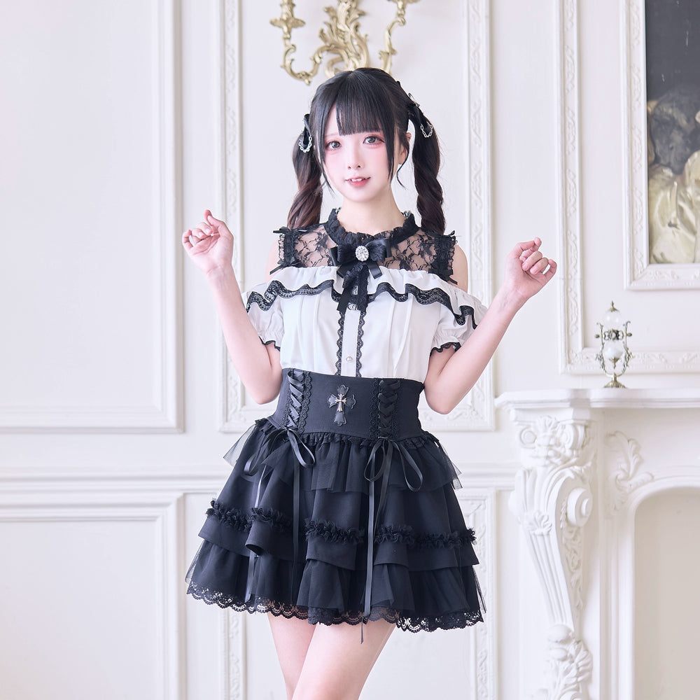 Jirai Kei Blouse with Hallow-out Upper & Rhinestone Bow Tie (L M XL) 42893:757697