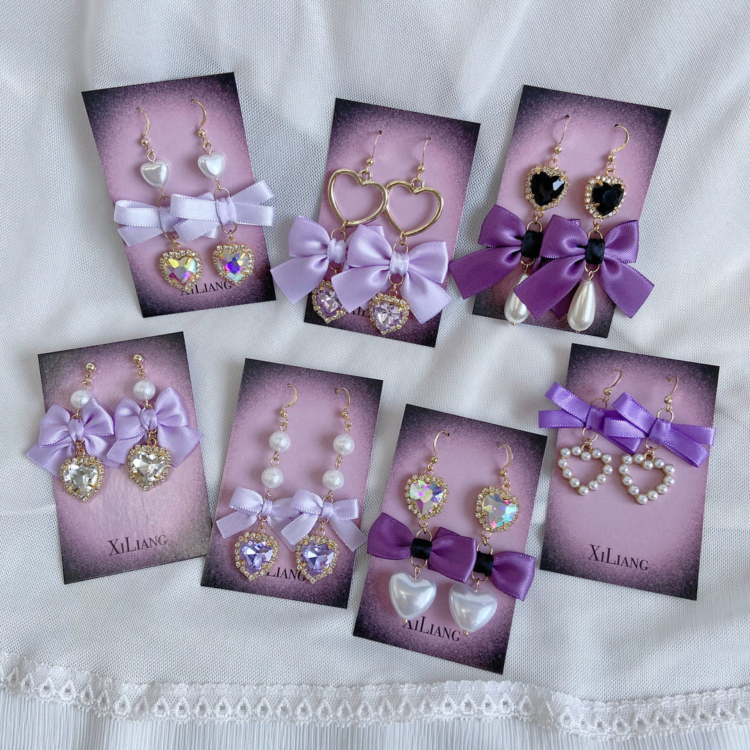 Purple Jirai Kei Earrings with Ribbon Bow Rhinestone & Pearl Detail 41730:712114