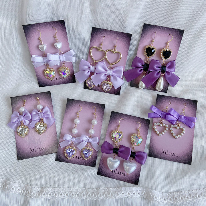 Purple Jirai Kei Earrings with Ribbon Bow Rhinestone & Pearl Detail 41730:712114