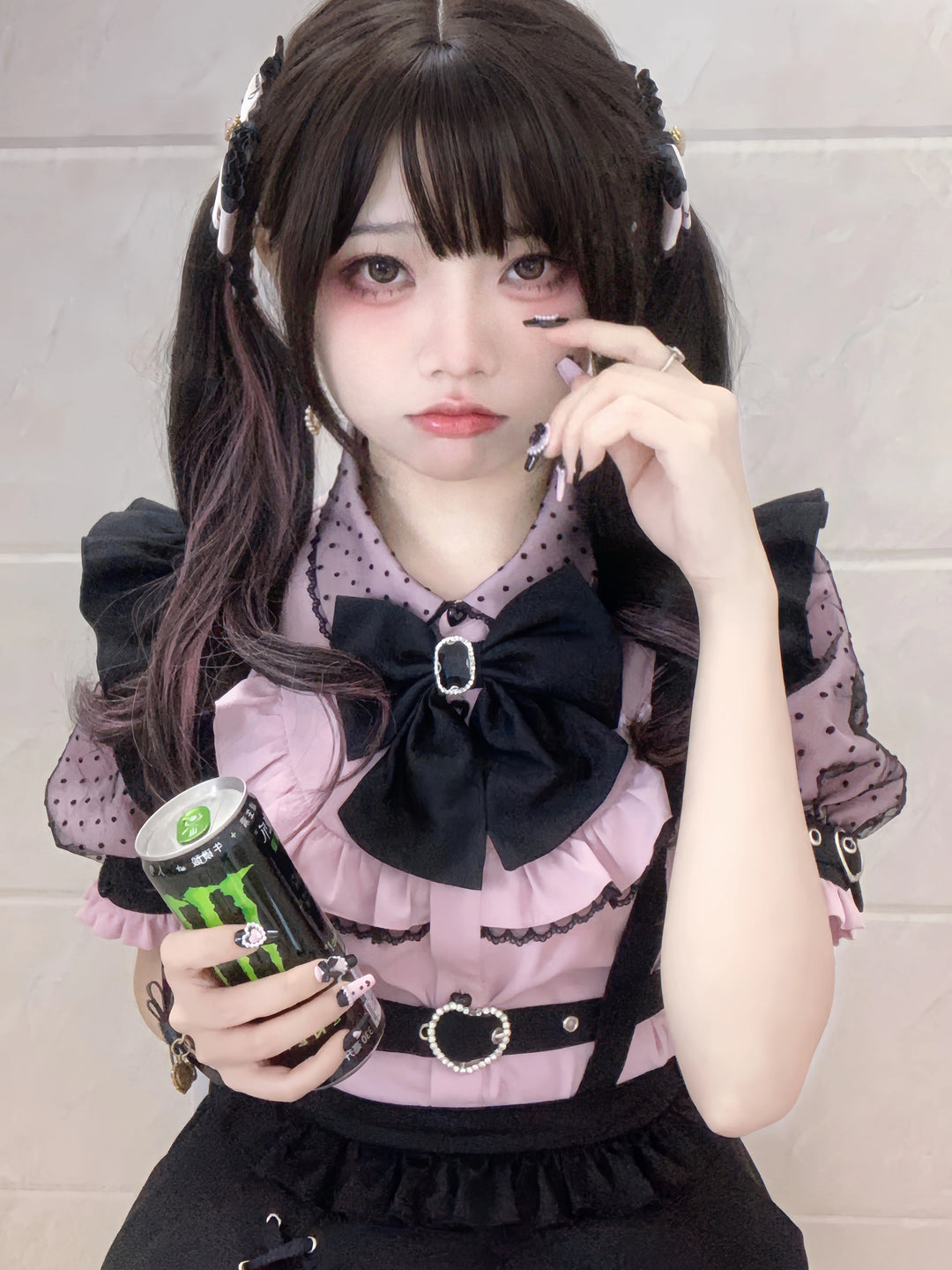 Jirai Kei Pink Blouse Black Lace Shirt Puffy Short Sleeves 21992:326190