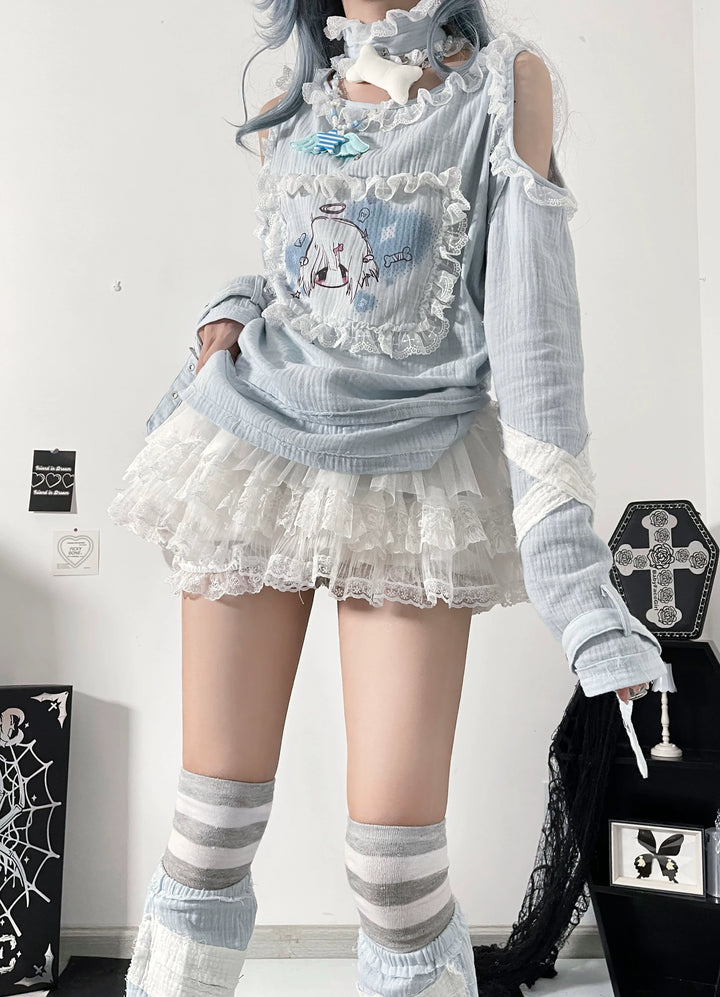 Punk Open Shoulder Blouse with Lace and Cute Print (F M S) 42616:746780