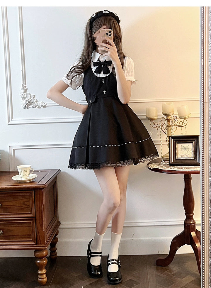 Jirai Kei Dress Black Lace Trim Overall Dress Puff Sleeves Blouse 38160:580928