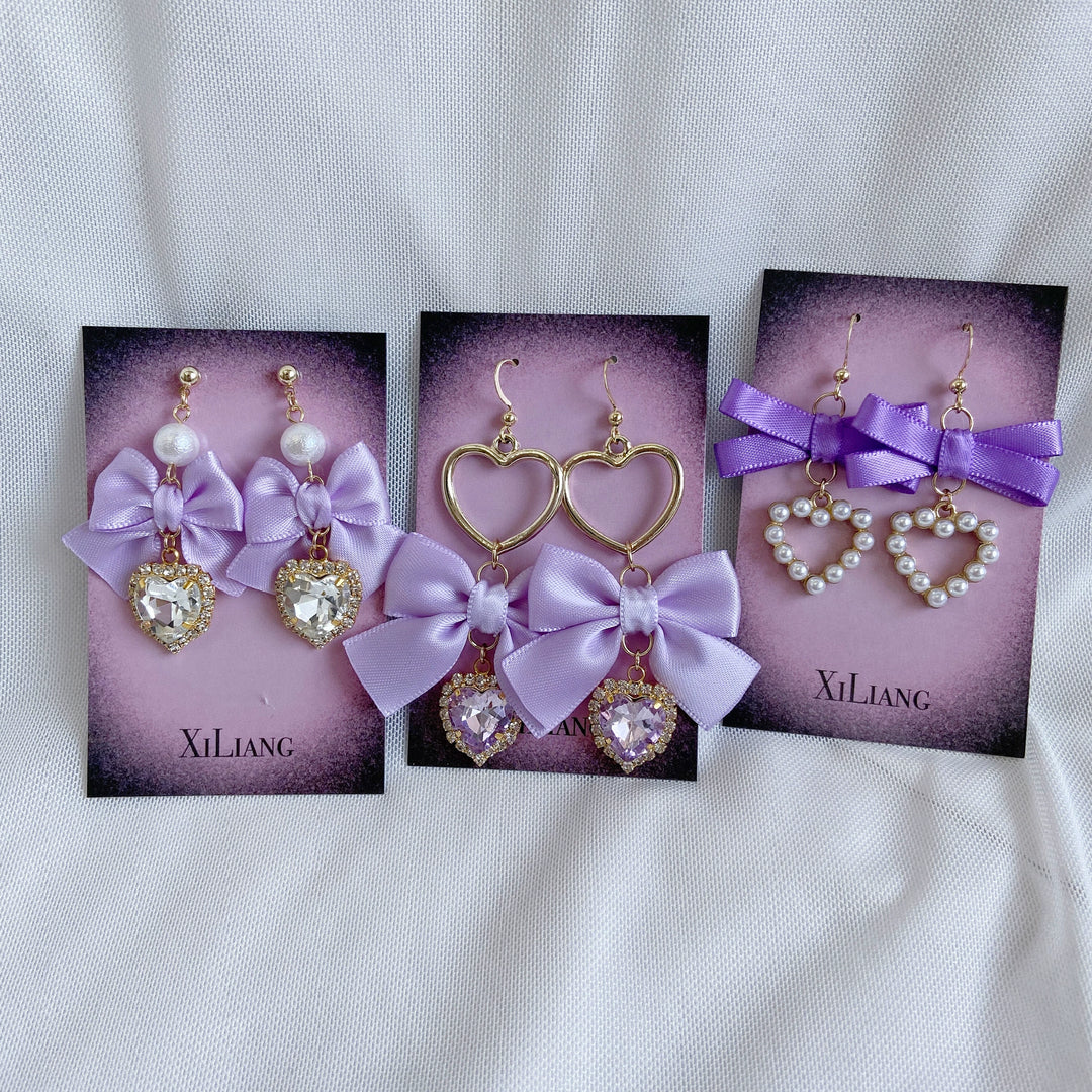 Purple Jirai Kei Earrings with Ribbon Bow Rhinestone & Pearl Detail 41730:712124