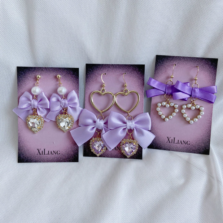 Purple Jirai Kei Earrings with Ribbon Bow Rhinestone & Pearl Detail 41730:712124