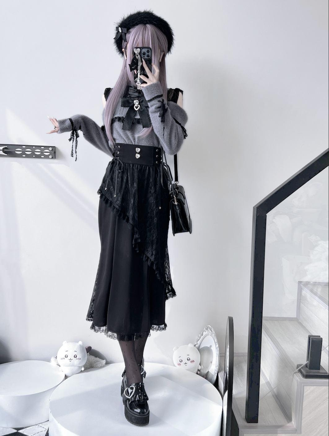 Jirai Kei Sweater Lace Patchwork Open Shoulder Knitted Top – Honey