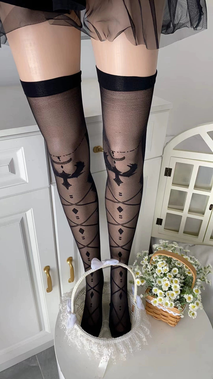Lolita Socks Over-the-Knee Stockings Bow Print Lace Socks (F) 36536:541228 (F) 36536:541228
