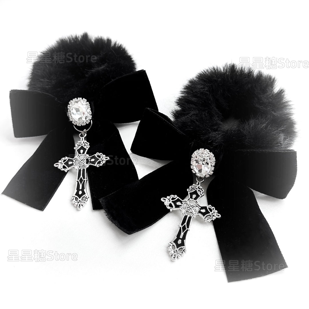 Jirai Kei Black Fluffy Hair Tie, Rhinestone and Cross 43870:791324