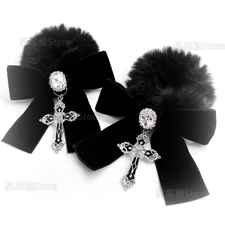 Jirai Kei Black Fluffy Hair Tie, Rhinestone and Cross 43870:791324