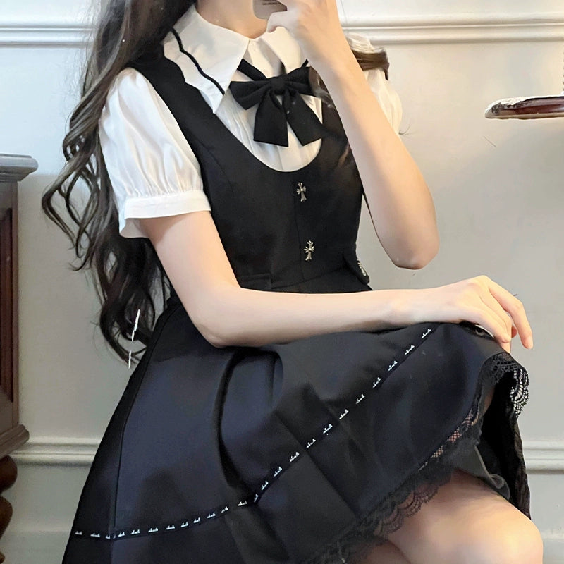 Jirai Kei Dress Black Lace Trim Overall Dress Puff Sleeves Blouse 38160:580910