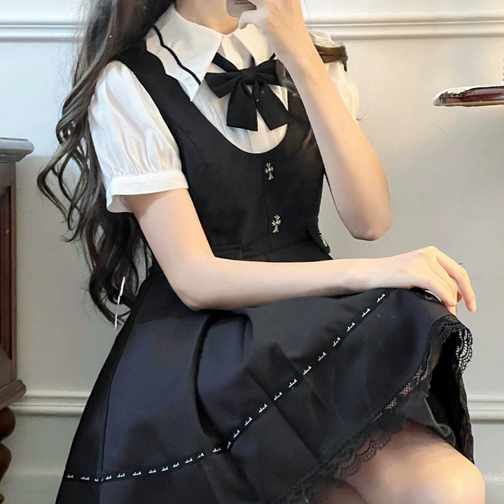Jirai Kei Dress Black Lace Trim Overall Dress Puff Sleeves Blouse 38160:580910