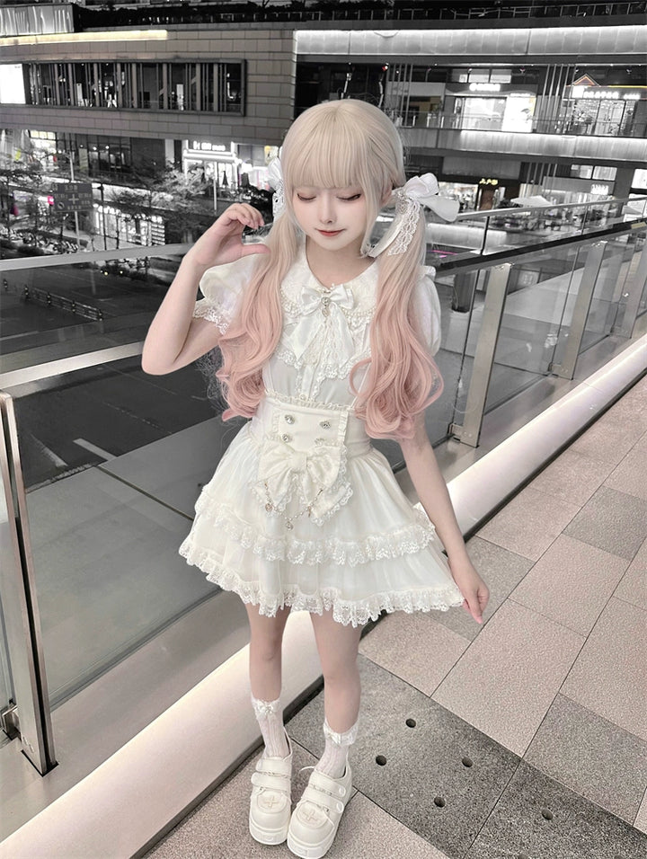 White Ryousangata Suspender Skirt, Peter Pan Collar Blouse 43475:777752