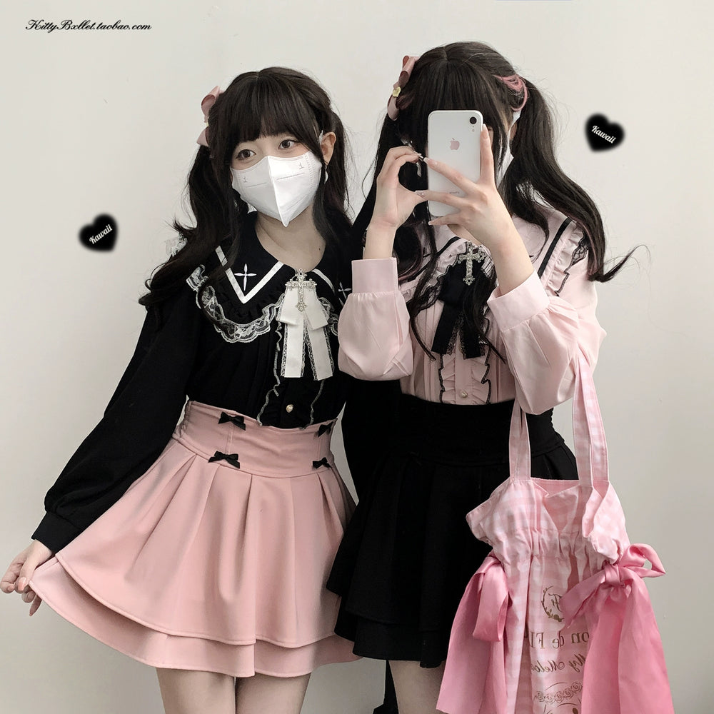 Sailor Collar Jirai Kei Blouse, Embroidered Cross 36780:769270