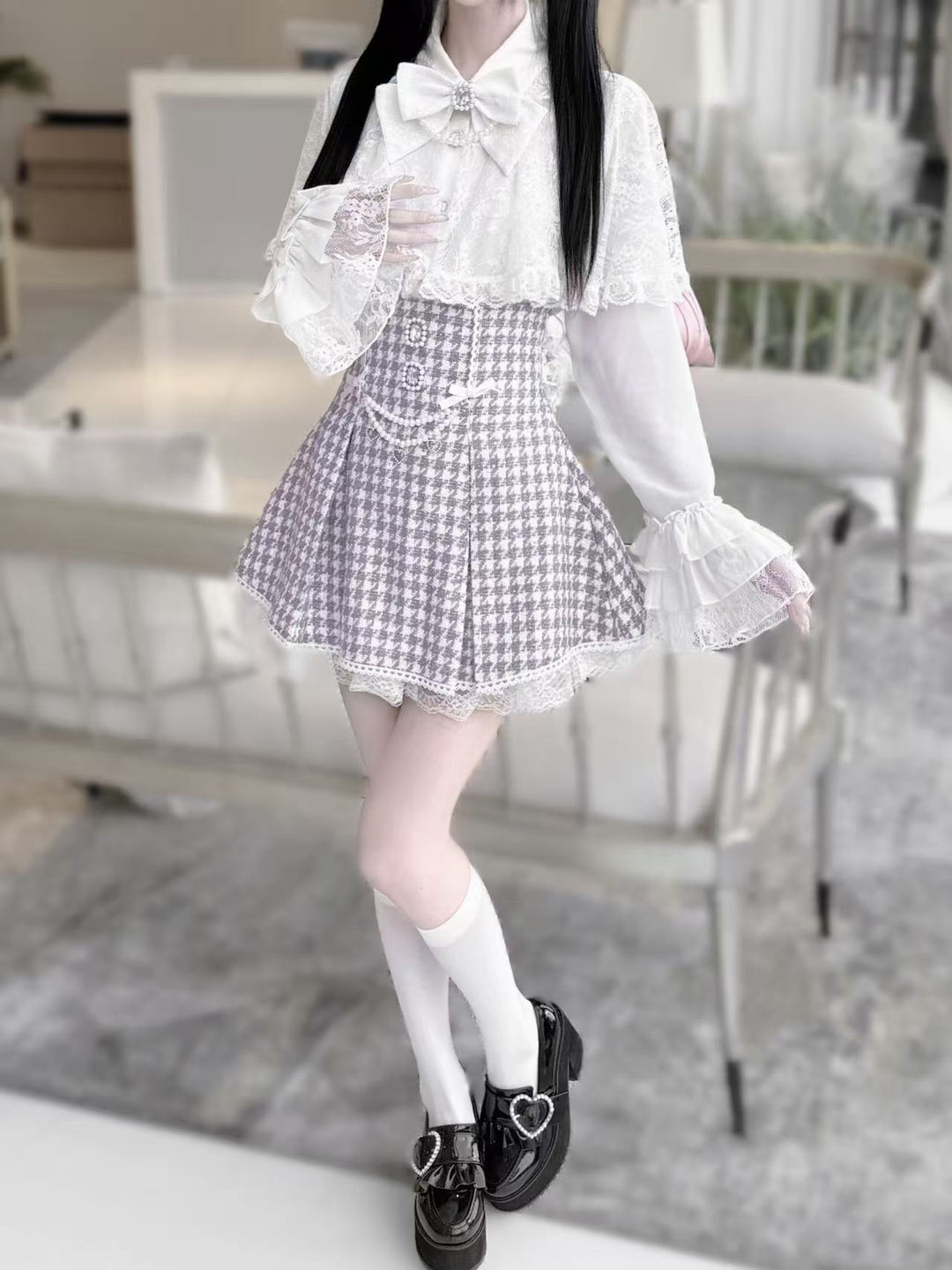 Princess-sleeved Jirai Kei Blouse with Built-in Lace Cape 42543:744685