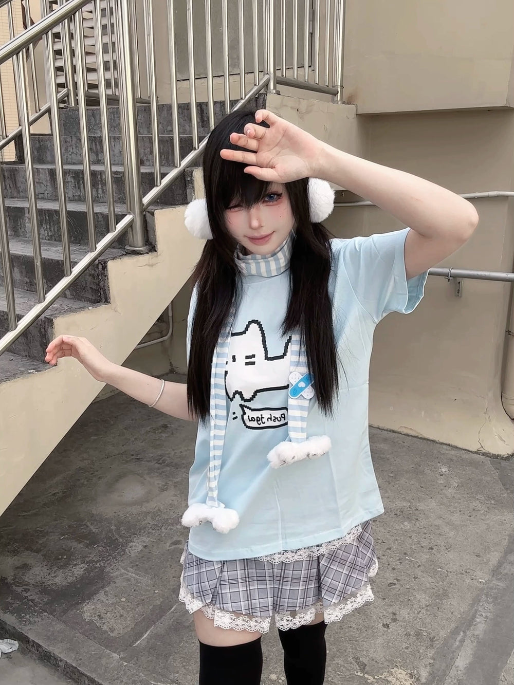 Water Blue Jirai Kei Cotton T-Shirt with Pixel White Cat Print 42853:755379