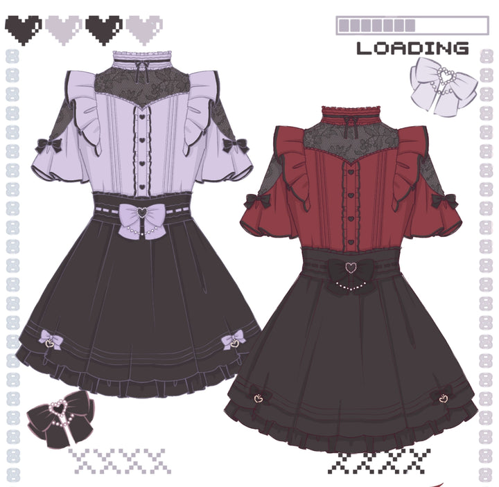 Lace Shoulder Jirai Kei Blouse + High Waist Skirt, Cross Pendant (2XL 3XL L M S XL XS) 35596:538210