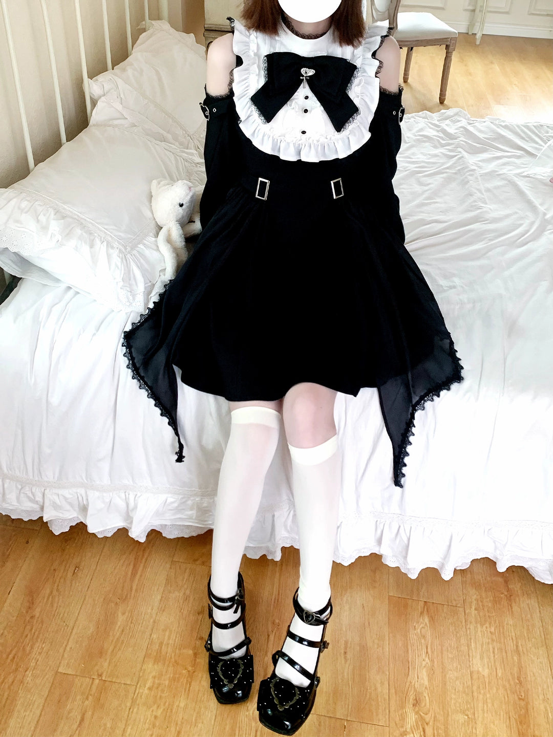 Gothic Open Shoulder Dress, Detachable Collar Bow 43655:782381