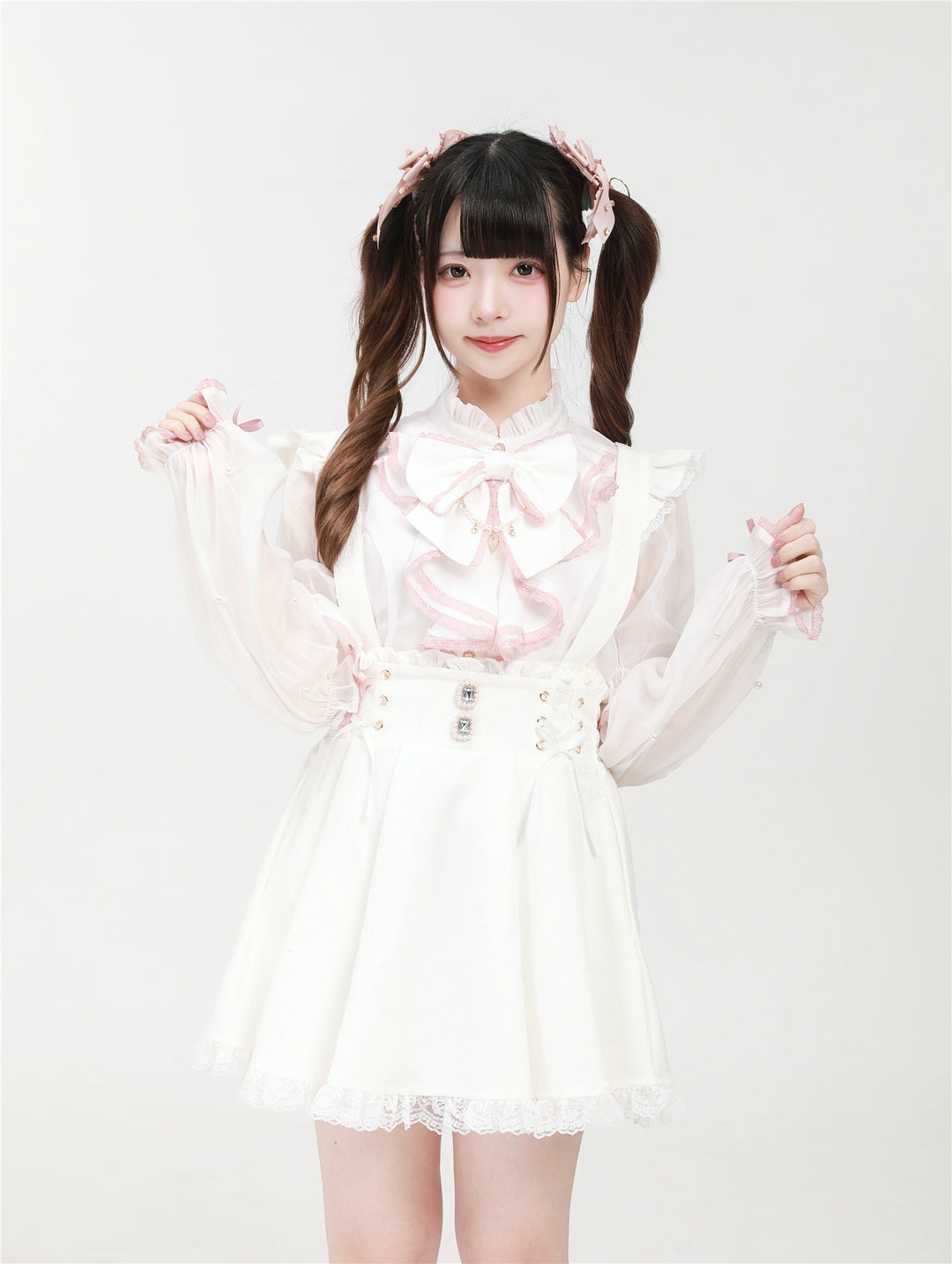 White Jirai Kei Blouse With Pearl Bowtie/Removable Cuffs (L M S XL) 43034:762498
