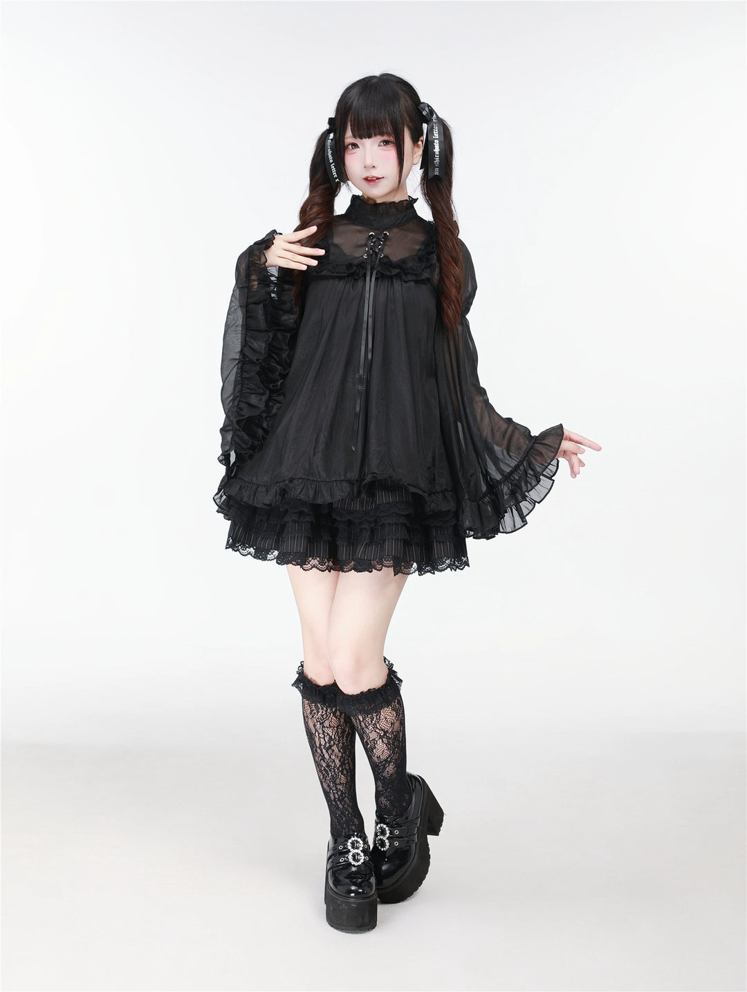Black/White Jirai Kei Jumper Dress & Hime-Sleeved Sheer Blouse (L M S XS) 43326:773596
