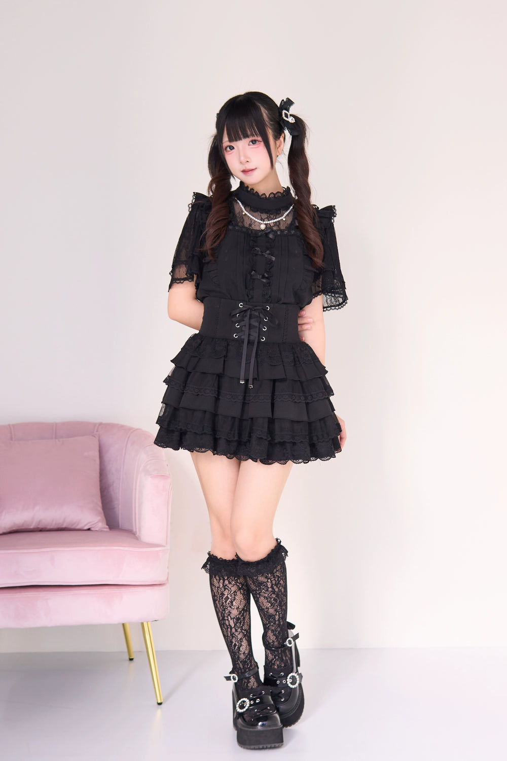 Jirai Kei Pearl Necklace Blouse, Lace-up Cake Skirt Set 43019:765666