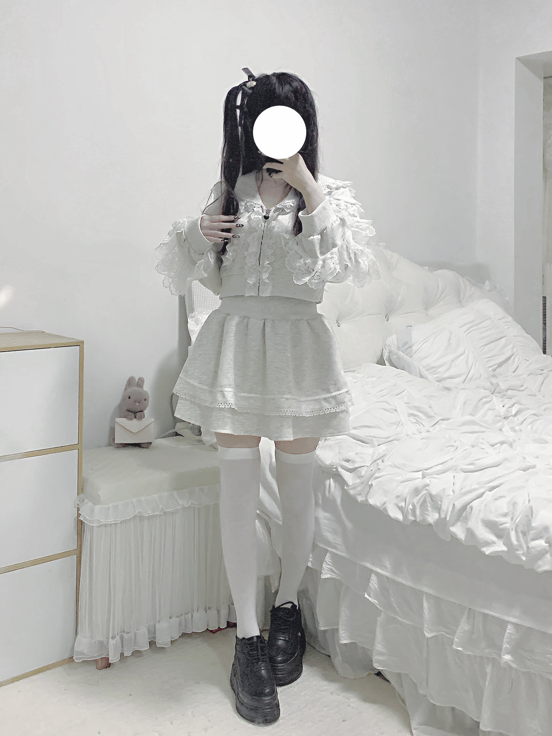 Jirai Kei Sport Outfit Ruffle Lace Jacket | Full Ribbed Waist Skirt 42570:746554