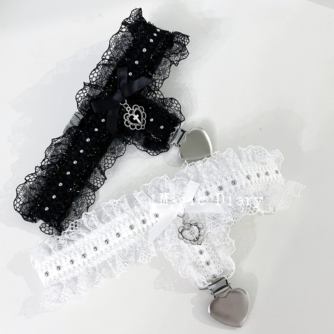 Jirai Kei Lace Garter, Heart Cross Accent & Clip 43032:762450