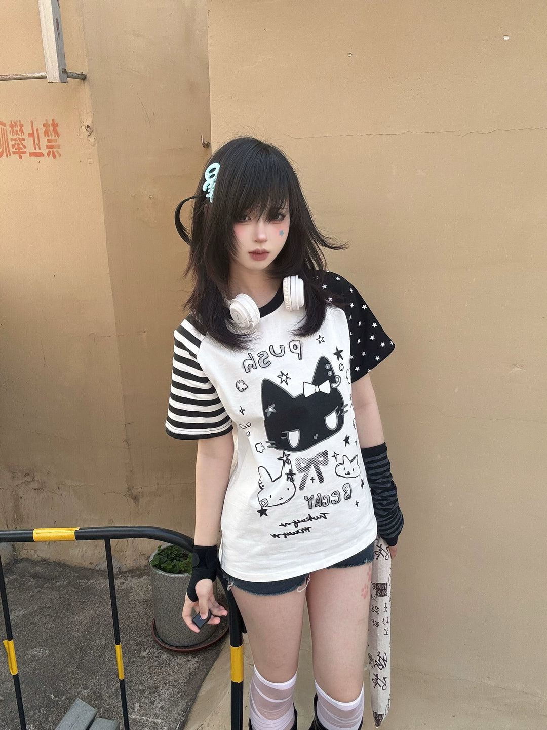 Kawaii Otaku Anime Cat Print Cotton Shirt Black & White 42851:755324