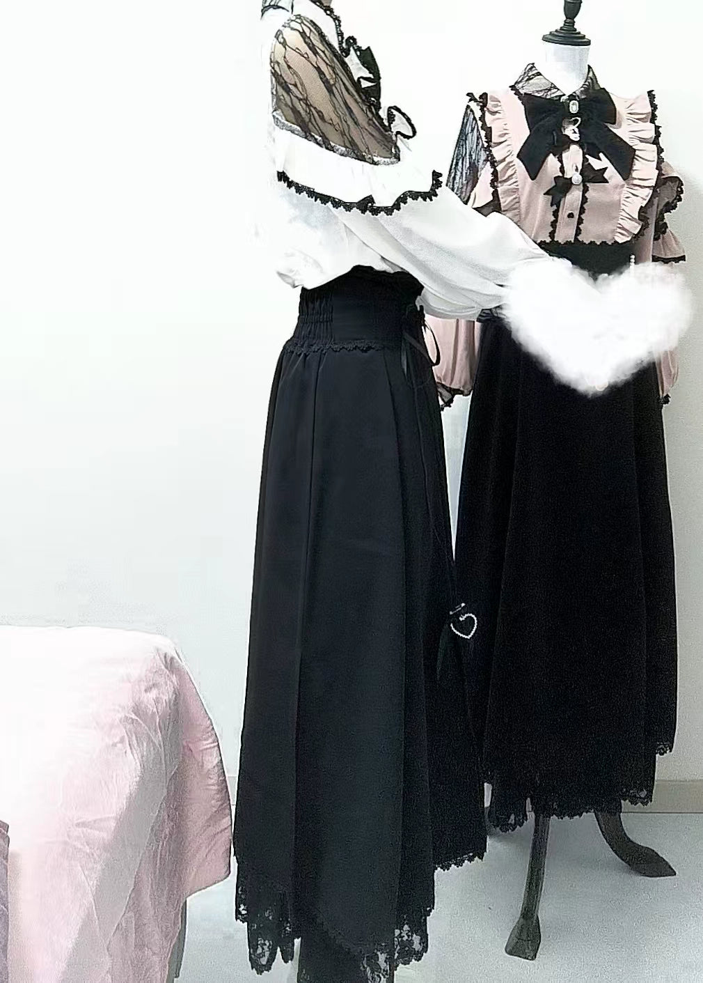 Lace Cut-Out Jirai Kei Blouse + Black Long High-Waist Lace-Up Skirt 41720:711574