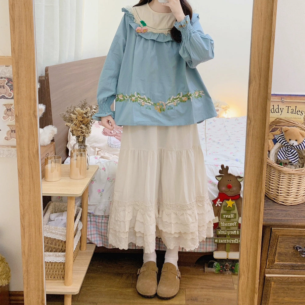 Mori Kei Skirt Cotton Cake Skirt Lace Patchwork Skirt 39262:619646