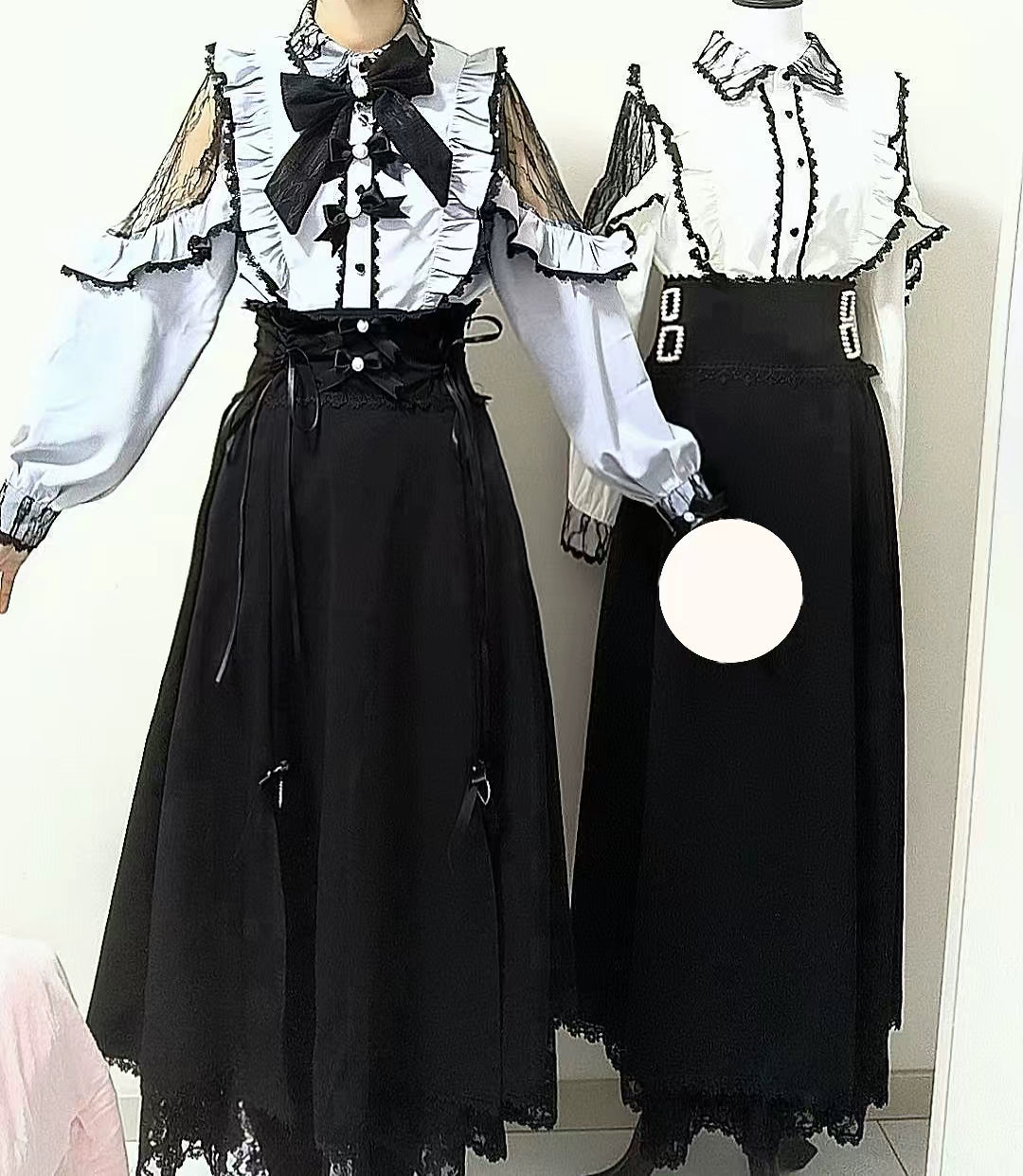 Lace Cut-Out Jirai Kei Blouse + Black Long High-Waist Lace-Up Skirt 41720:711556