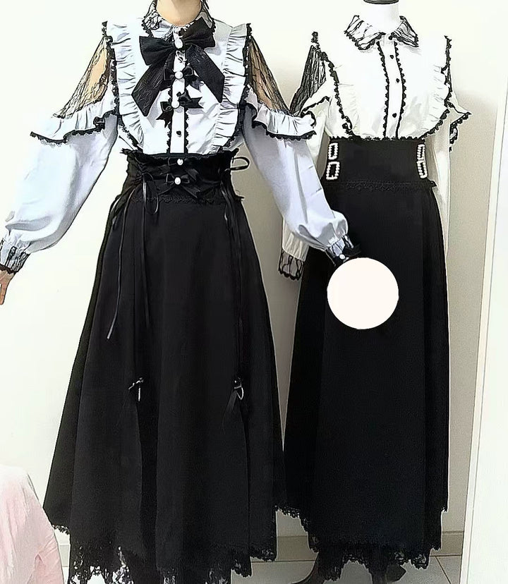 Lace Cut-Out Jirai Kei Blouse + Black Long High-Waist Lace-Up Skirt 41720:711556