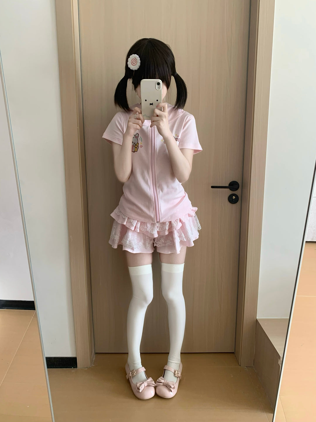 Kawaii Pink Short-sleeved Hoodie Jacket With Long Bunny Ears 42730:751103