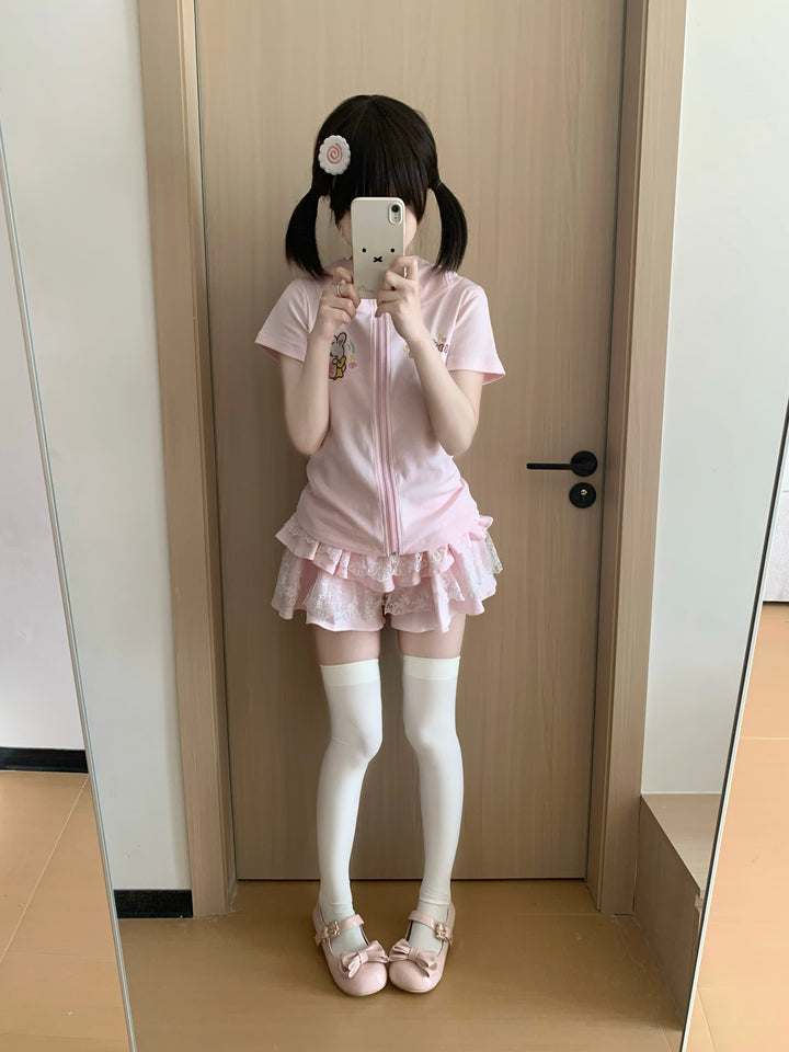 Kawaii Pink Short-sleeved Hoodie Jacket With Long Bunny Ears 42730:751103