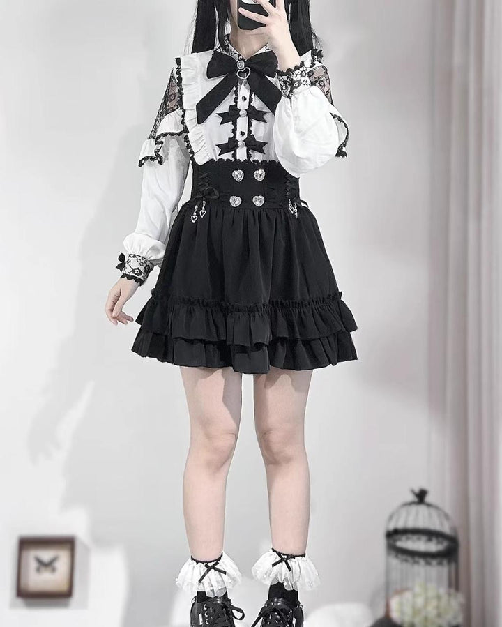 Black Jirai Kei Skirt With Flounce Hem + Heart Rhinestone 42711:752889